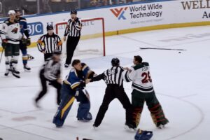 Minnesota Wild's goaltender Marc-André Fleury and St. Louis Blues goalie Jordan Binnington