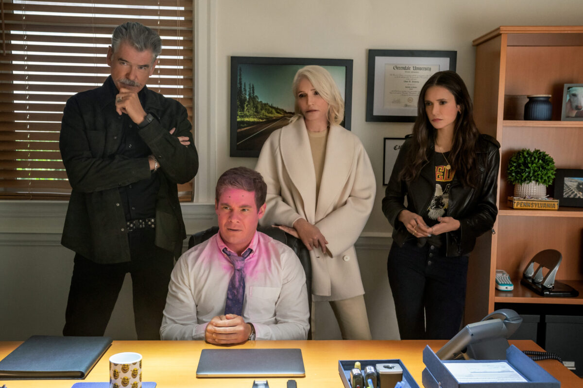 The Out-Laws. (L to R) Pierce Brosnan as Billy, Adam DeVine as Owen, Ellen Barkin as Lilly, Nina Dobrev as Parker in The Out-Laws