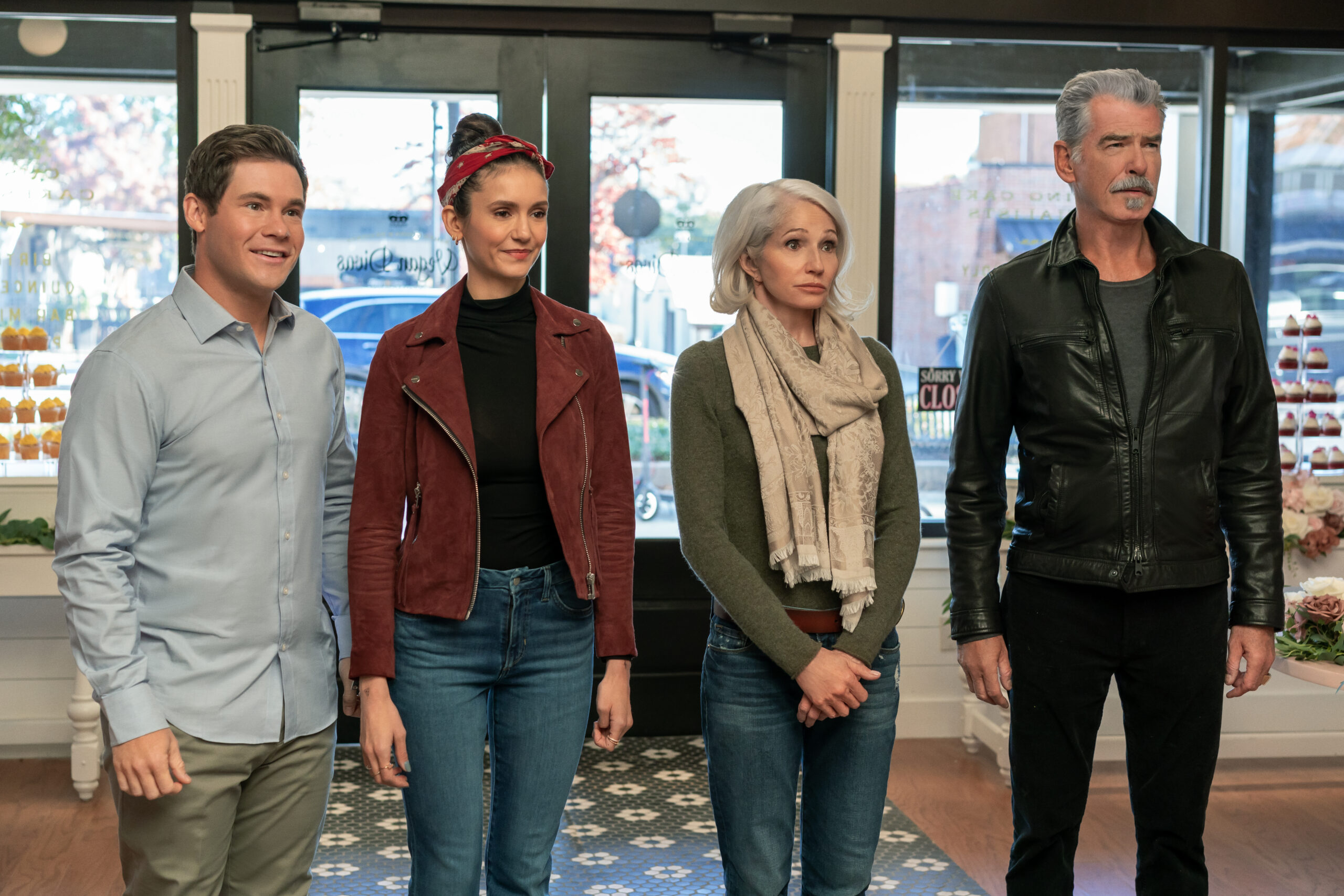The Out-Laws. (L to R) Adam Devine as Owen Browning, Nina Dobrev as Parker McDermott, Ellen Barkin as Lilly McDermott, Pierce Brosnan as Billy McDermott in The Out-Laws