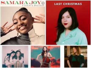 Collage of Christmas album covers for Samara Joy, Lucy Dacus, Laufey/Dodie, Tina Guo, and Gabrielle Aplin