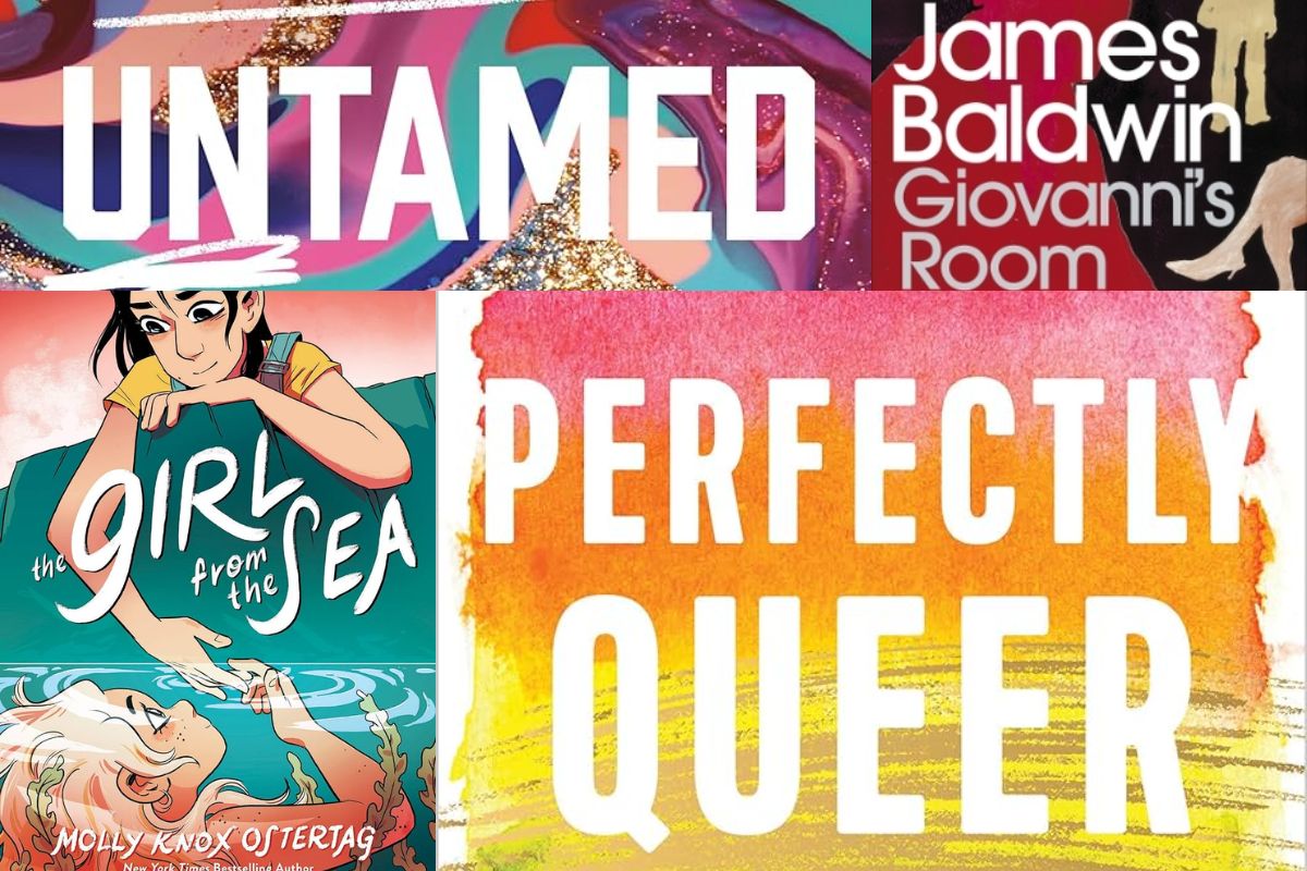Book covers for "Untamed," "Giovanni's Room," "The Girl From the Sea," and "Perfectly Queer."
