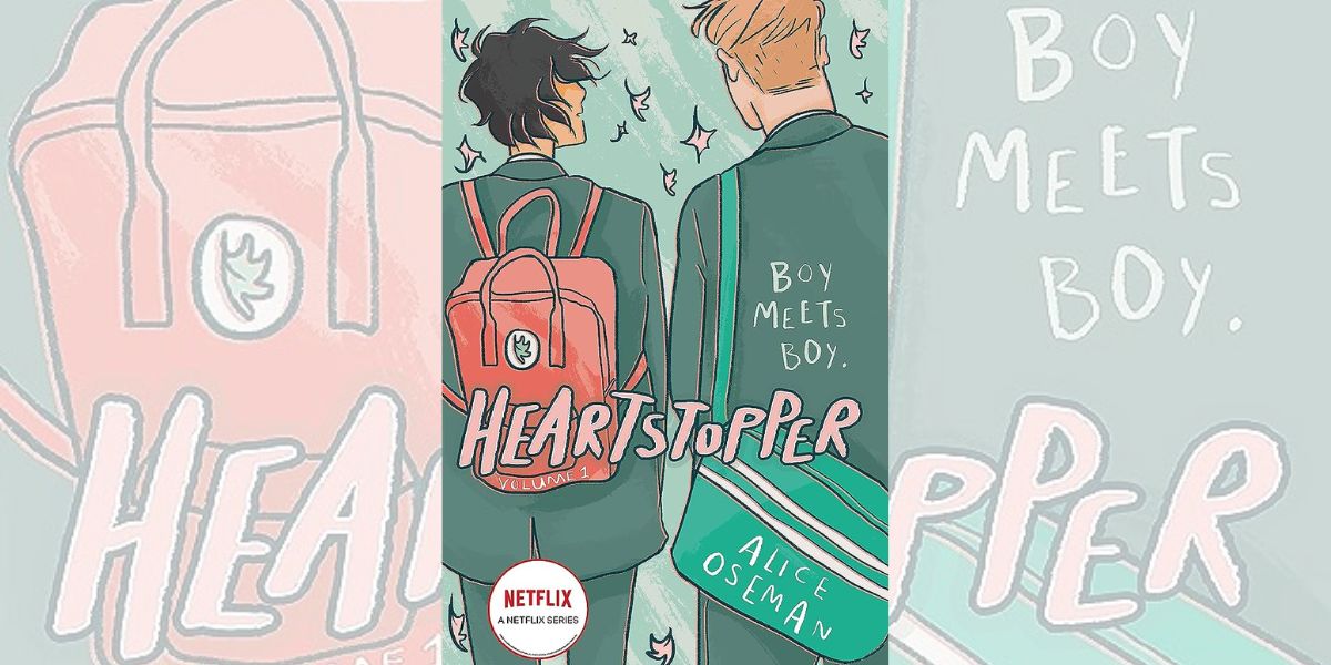 Book cover for "Heartstopper" with drawings of two teenagers in school uniform with backpacks.