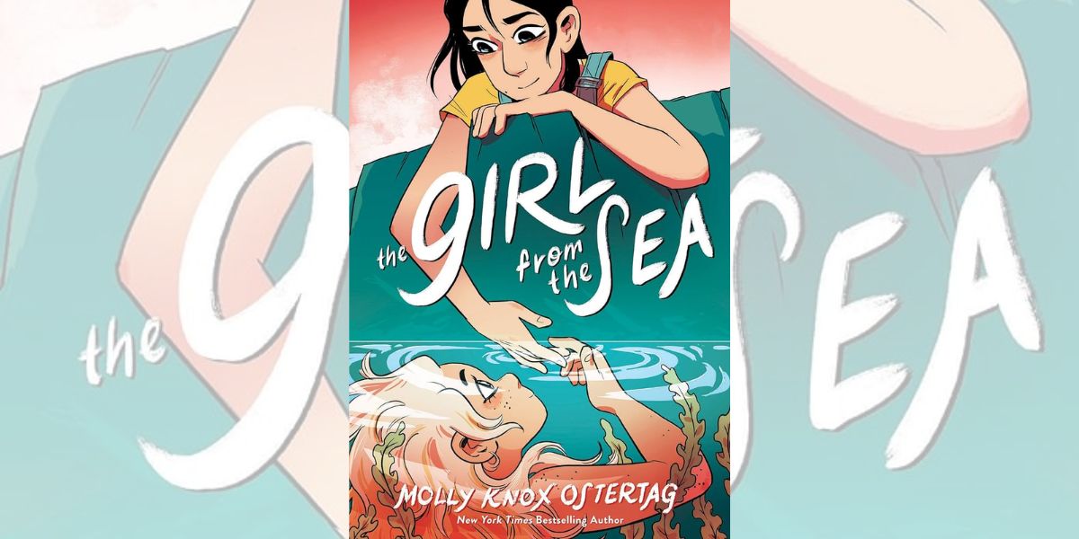 Book cover for "The Girl From The Sea" with drawings of two girls (one on land and one in the sea) touching hands.