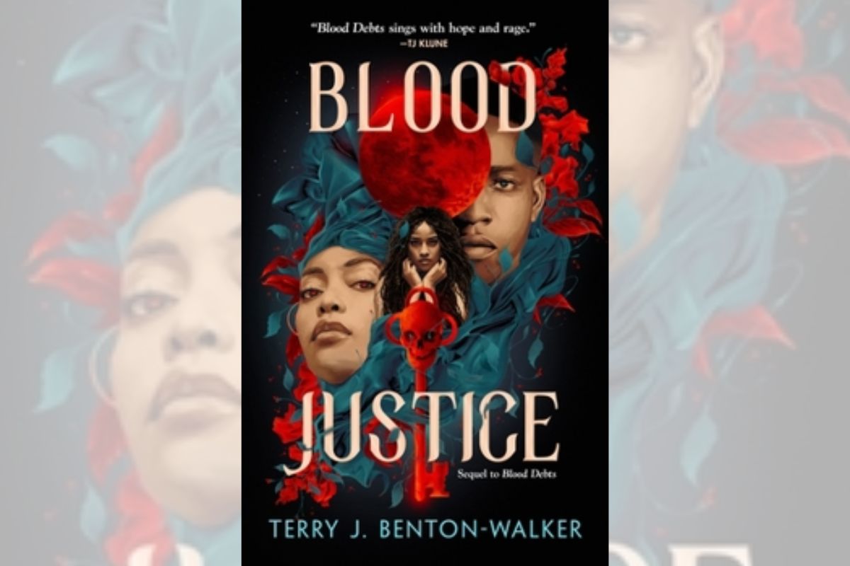 Book cover for "Blood Justice" with the drawing of three individuals and blood drops.