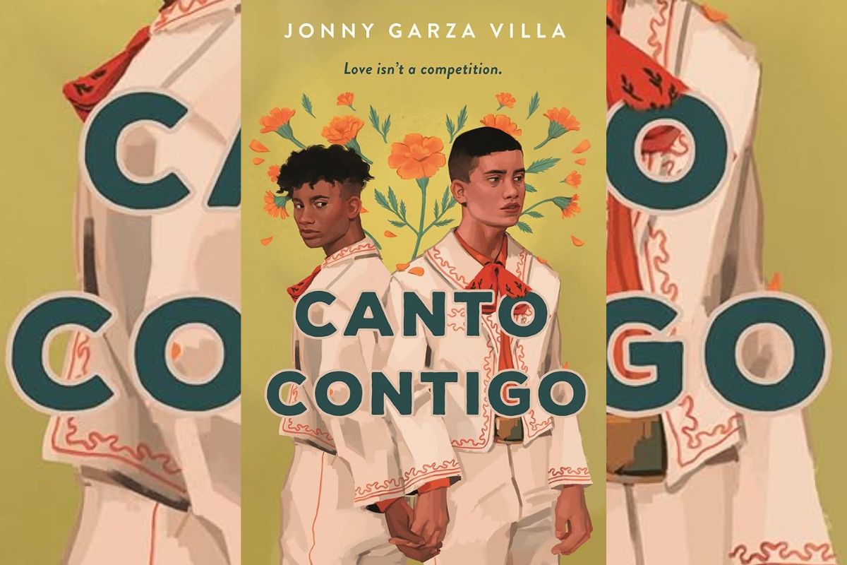 Book cover for "Canto Contigo" with the drawing of two guys in mariachi outfits holding hands.