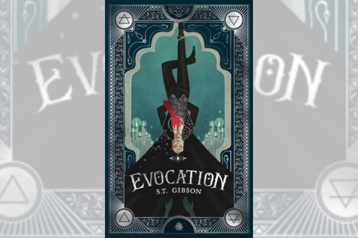 Book cover for "Evocation" with the drawing of a man standing upside down.
