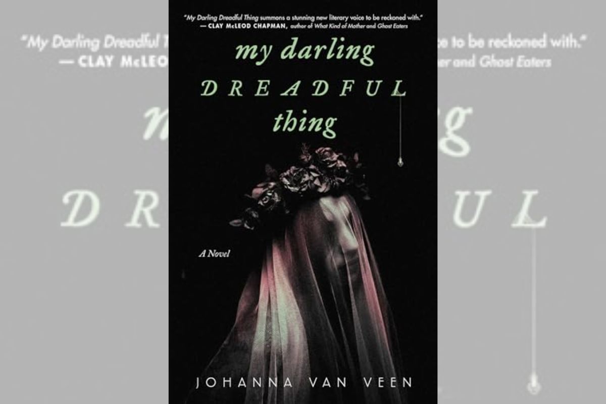 Book cover for "My Darling Dreadful Thing" with a face covered by a wedding veil.