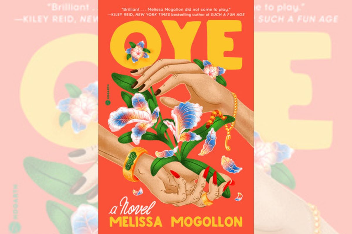 Book cover for "Oye" with orange background and the drawing of two hands holding flowers.
