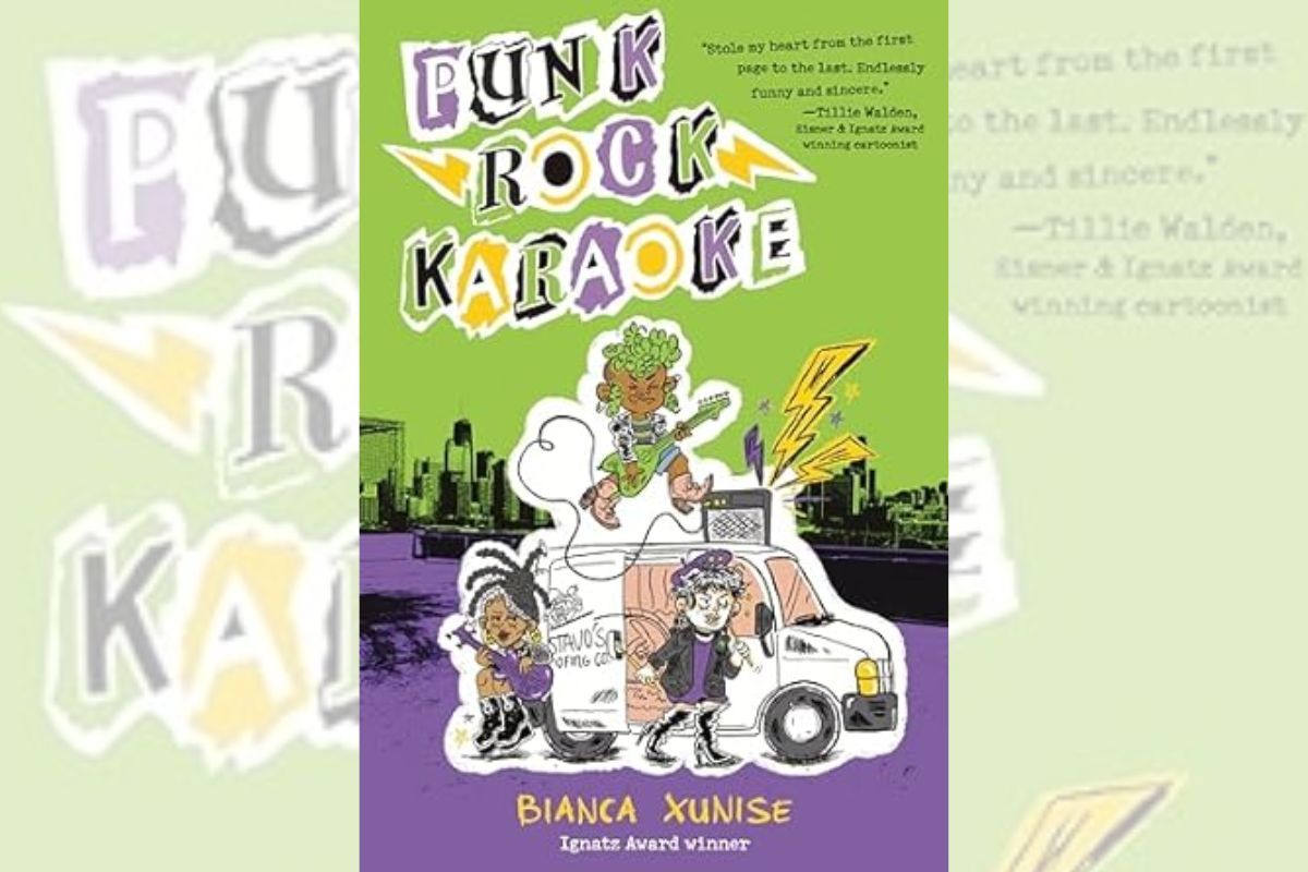 Book cover for "Punk Rock Karaoke" with the drawing of three individuals playing music on and around a van.
