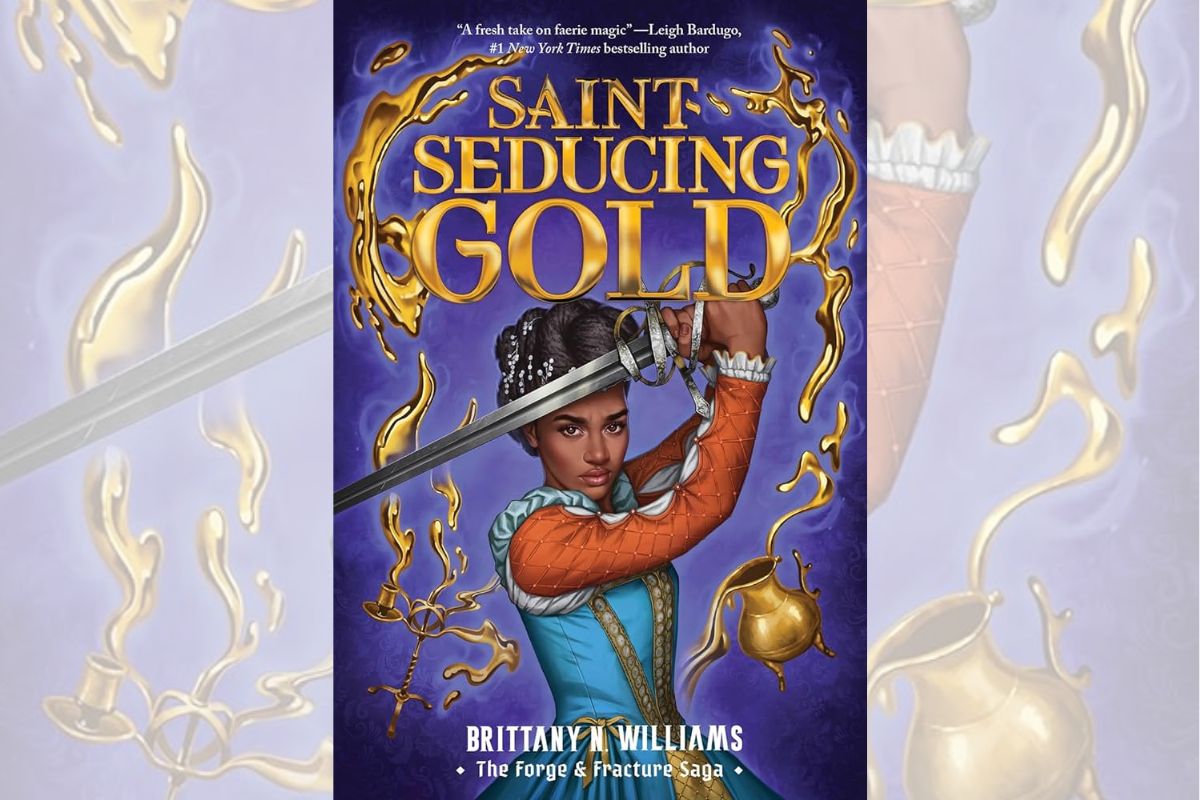 Book cover for "Saint-Seducing Gold" with the drawing of a girl holding a sword.