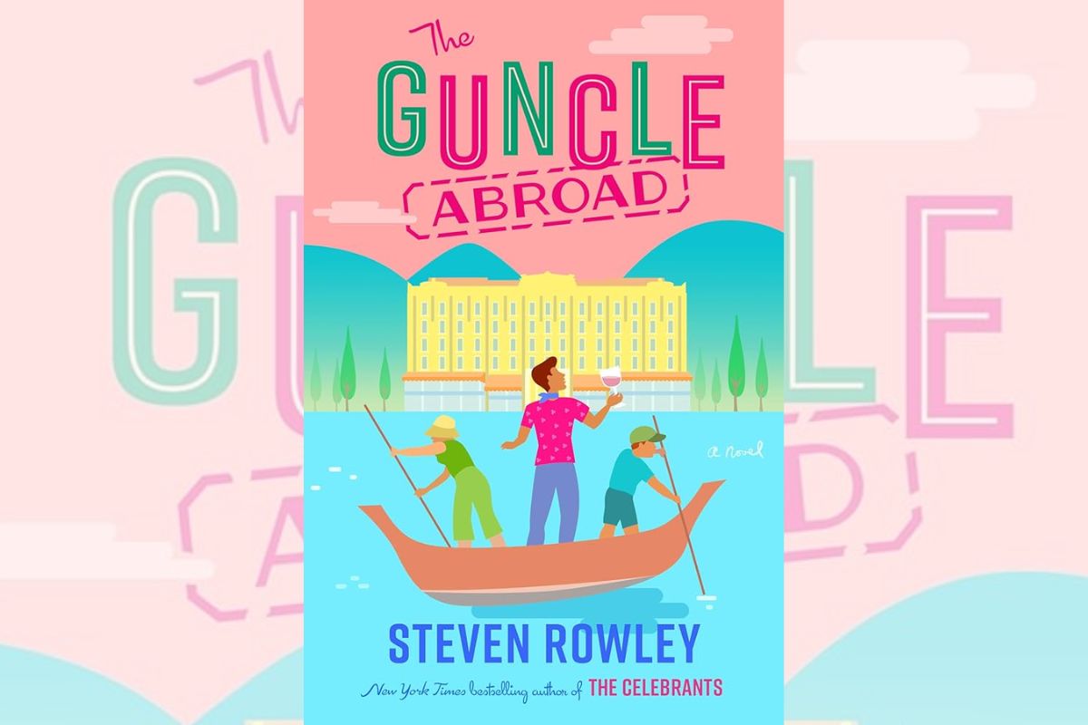 Book cover for "The Guncle Abroad" with a drawing of three men in a boat.