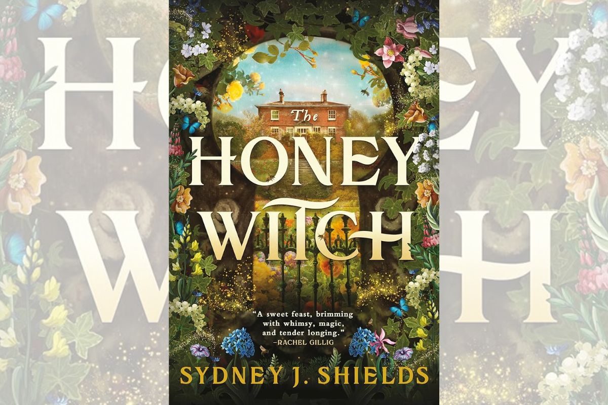 Book cover for "The Honey Witch" with the title written across the drawing of a house surrounded by nature.