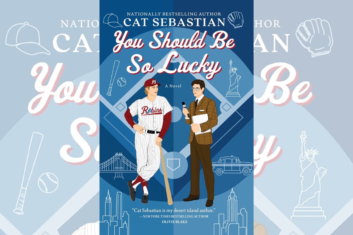 Book cover for "You Should Be So Lucky" with the drawing of a man in a baseball uniform being interviewed by a reporter.