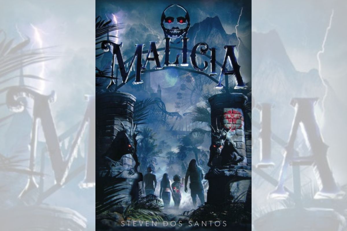 Malicia book cover with the drawing of different people in the shadows.
