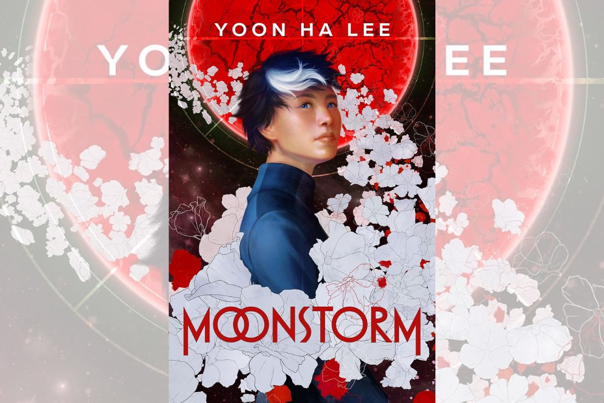 Moonstorm book cover with the drawing of a person among flowers.