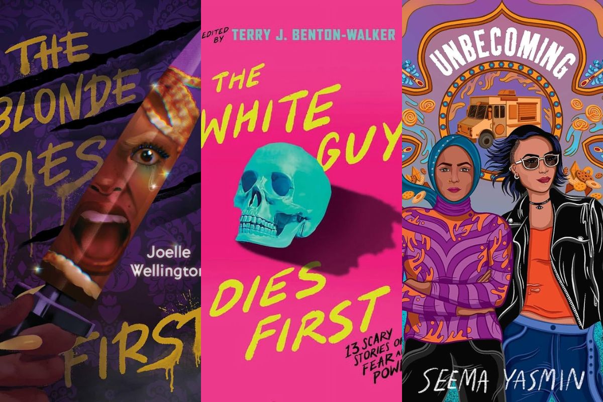 Book cover for "The Blonde Dies First" in purple, "The White Guy Dies First" in pink, and "Unbecoming" with two women.