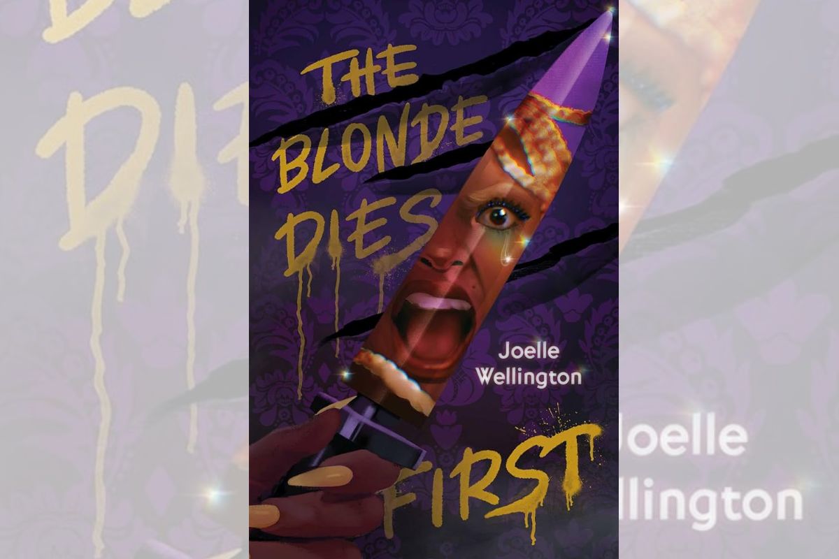 Book cover for "The Blonde Dies First" with the drawing of a person's reflection on a knife screaming.
