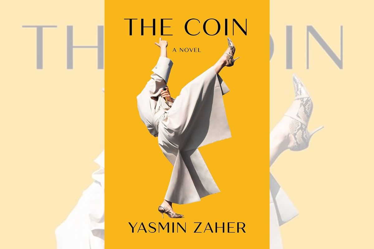 Book cover for "The Coin" in yellow with a woman high-kicking.