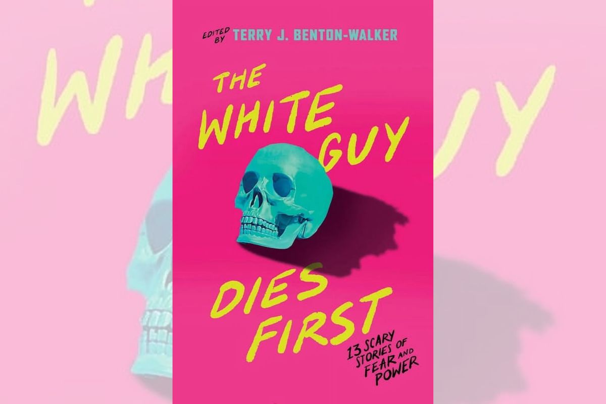 Book cover for "The White Guy Dies First" in pink with a green skull drawing.