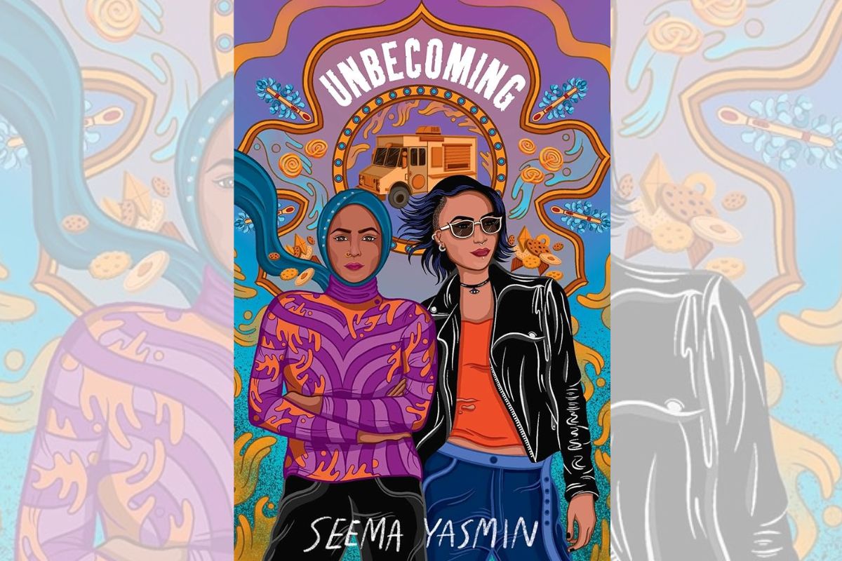 Book cover for "Unbecoming" with two women standing in front of a van.