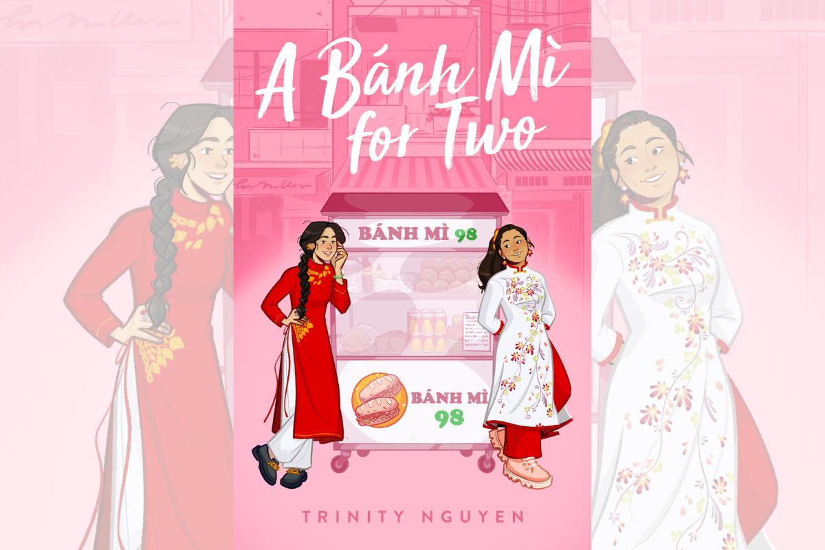 Book cover for "A Bánh Mì for Two" with a pink background and the drawing of two girls standing in front of a food truck.