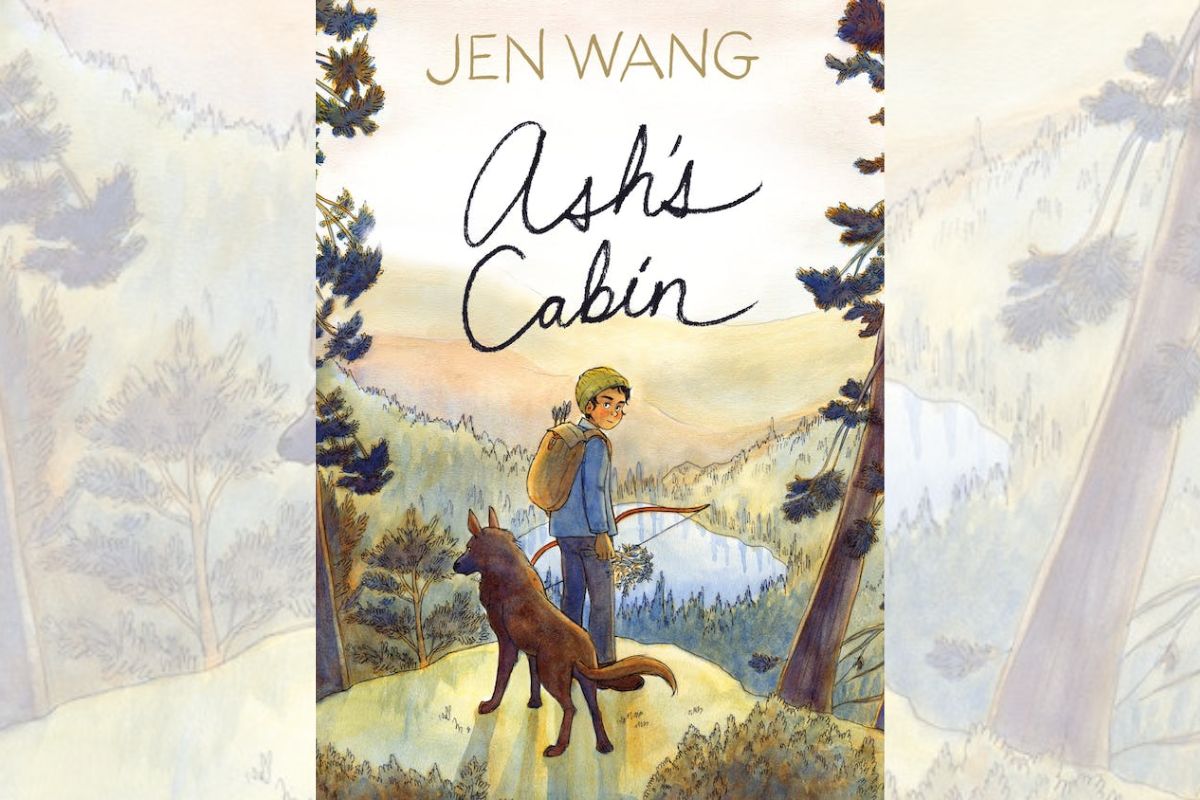 Book cover for "Ash's Cabin" with the drawing of a person and their dog standing on top of a mountain.