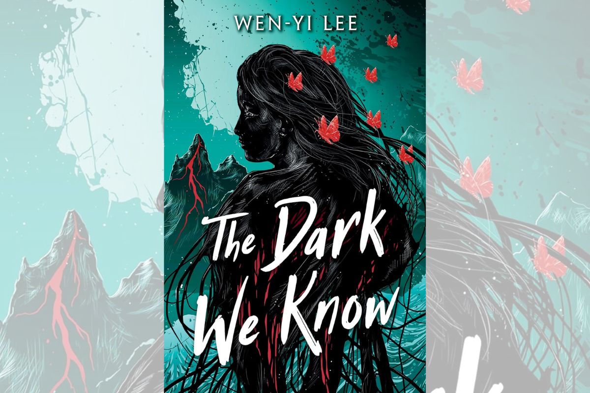 Book cover for "The Dark We Know" with the drawing of a woman in black and leaves falling around her.