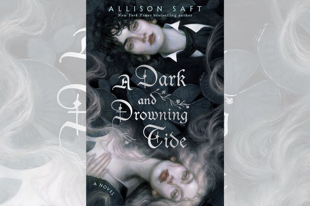 Book cover for "A Dark and Drowning Tide" with the drawing of two faces.