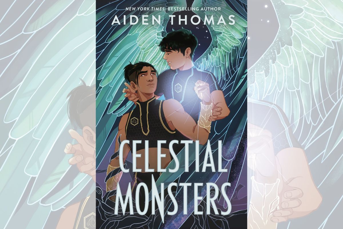 Book cover for "Celestial Monsters" with the drawing of two individuals in the cover looking at each other.