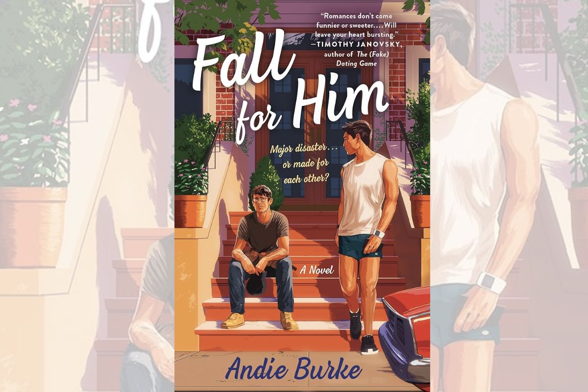 Book cover for "Fall for Him" with the drawing of a guy sitting on the stairs to a house and another one standing next to him.