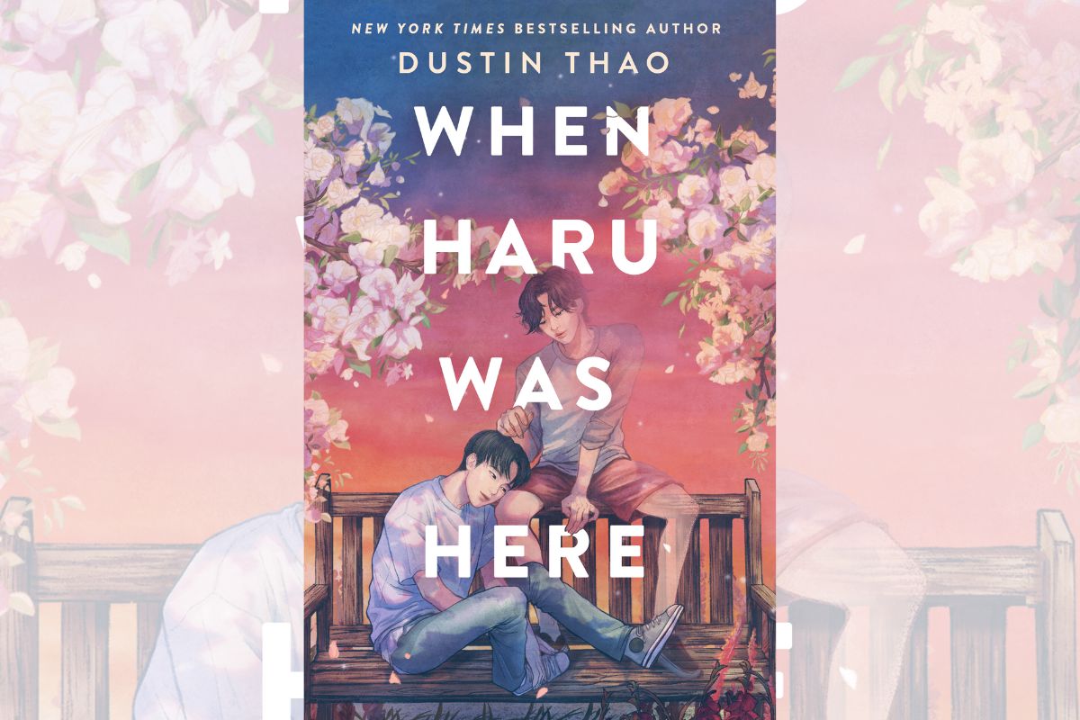 Book cover for "When Haru Was Here" with two boys sitting on a bench surrounded by flowers.