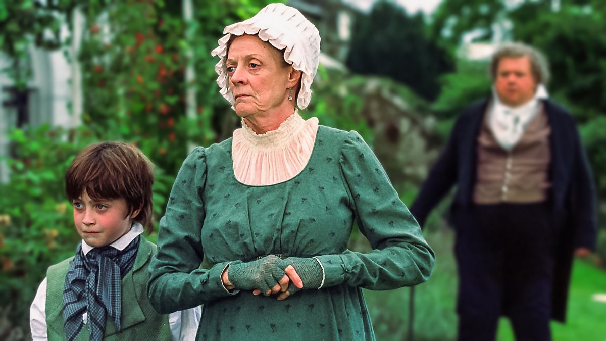 Still of Daniel Radcliffe and Maggie Smith from David Copperfield, 1999.