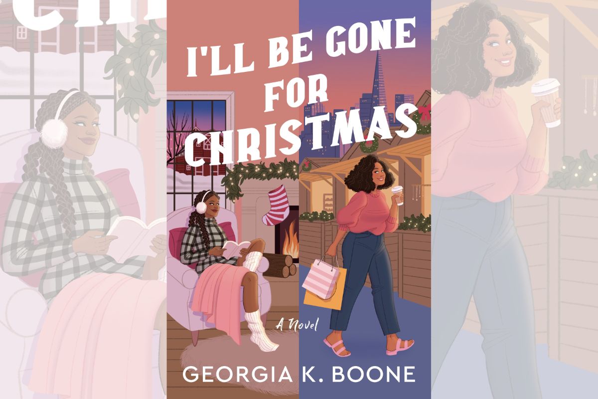 Book cover for "I'll Be Gone for Christmas" split in two with a girl sitting on an armchair and another one walking the street with two shopping bags.