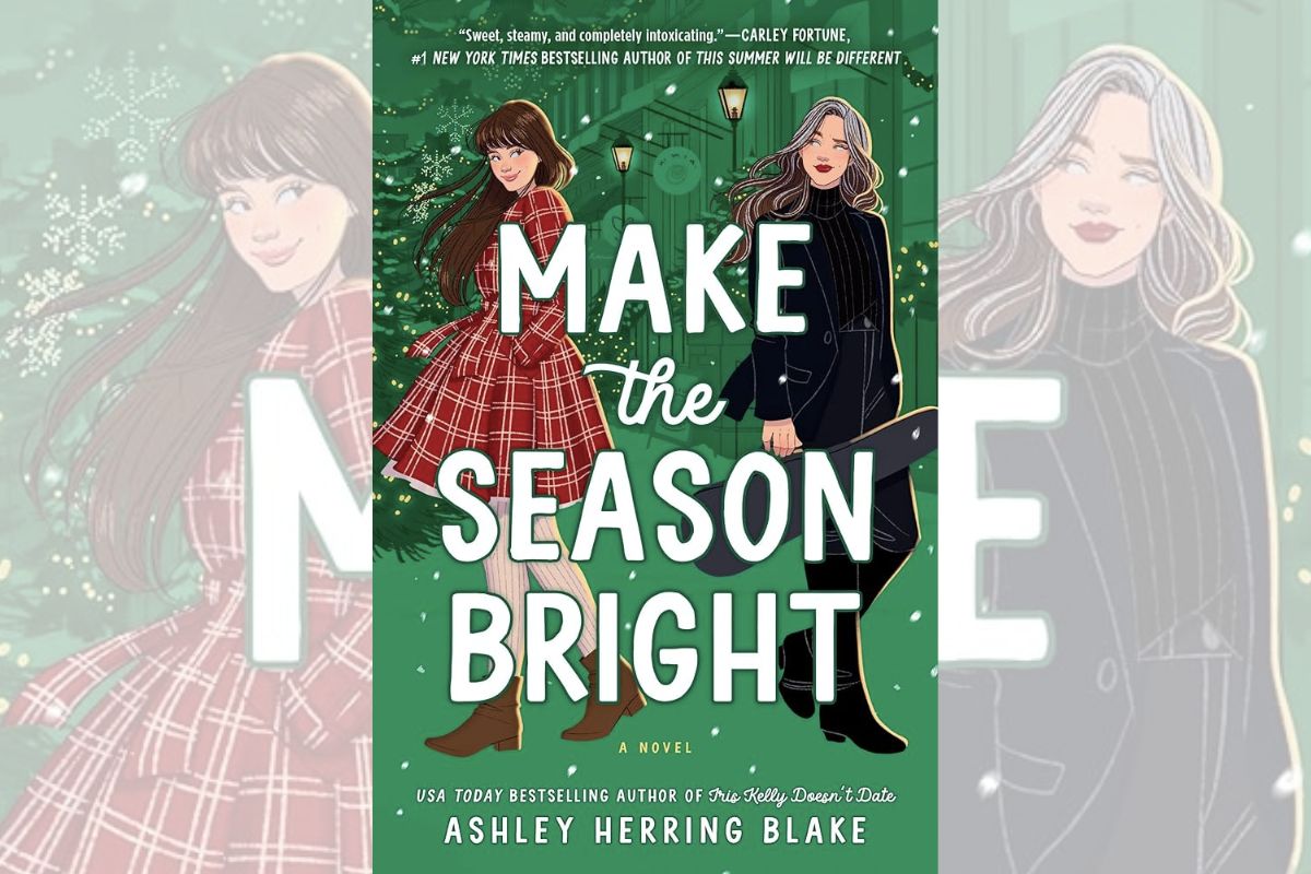 Book cover for "Make the Season Bright" in green with a woman in a red dress and another dressed in black.