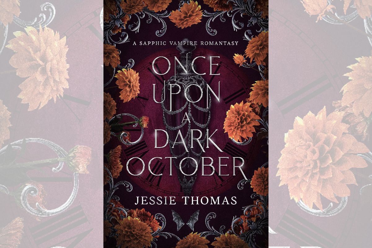 Book cover for "Once Upon a Dark October" in dark with orange flowers.