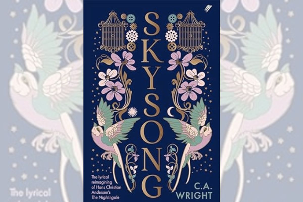 Book cover for "Skysong" in blue with drawings of birds, flowers, and birdcages.