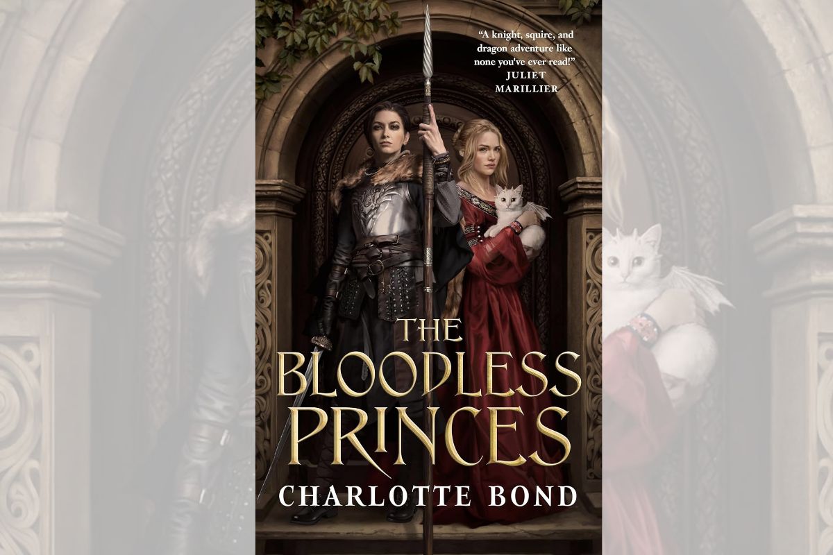 Book cover for "The Bloodless Princes" with a woman dressed as a knight and another one in a dress.