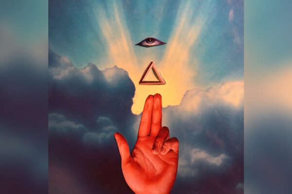 Photo of the cover for the rock band Highly Suspect's album, "As Above, So Below," featuring a red hand pointing two fingers skyward with a triangle and an eye levitating above it. Clouds with the sun shining through them serve as the backdrop.