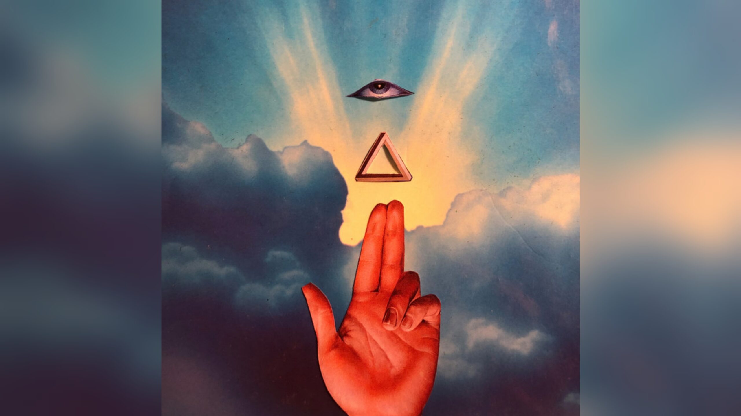 Photo of the cover for the rock band Highly Suspect's album, "As Above, So Below," featuring a red hand pointing two fingers skyward with a triangle and an eye levitating above it. Clouds with the sun shining through them serve as the backdrop.