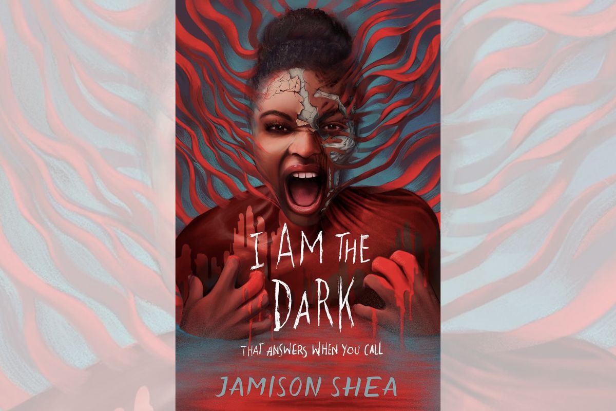 Book cover for "I Am the Dark That Answers When You Call" with the drawing of a woman screaming and covered in what looks like blood.