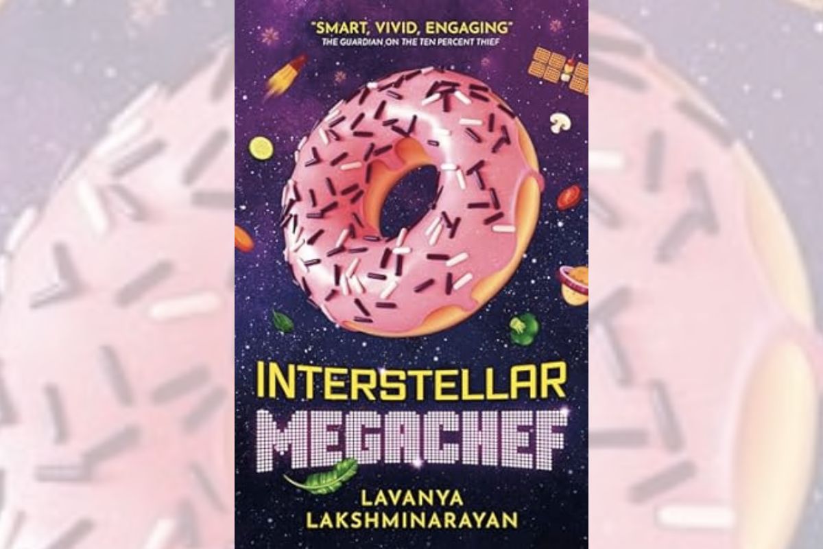 Book cover for Interstellar MegaChef with a donut flying in space.