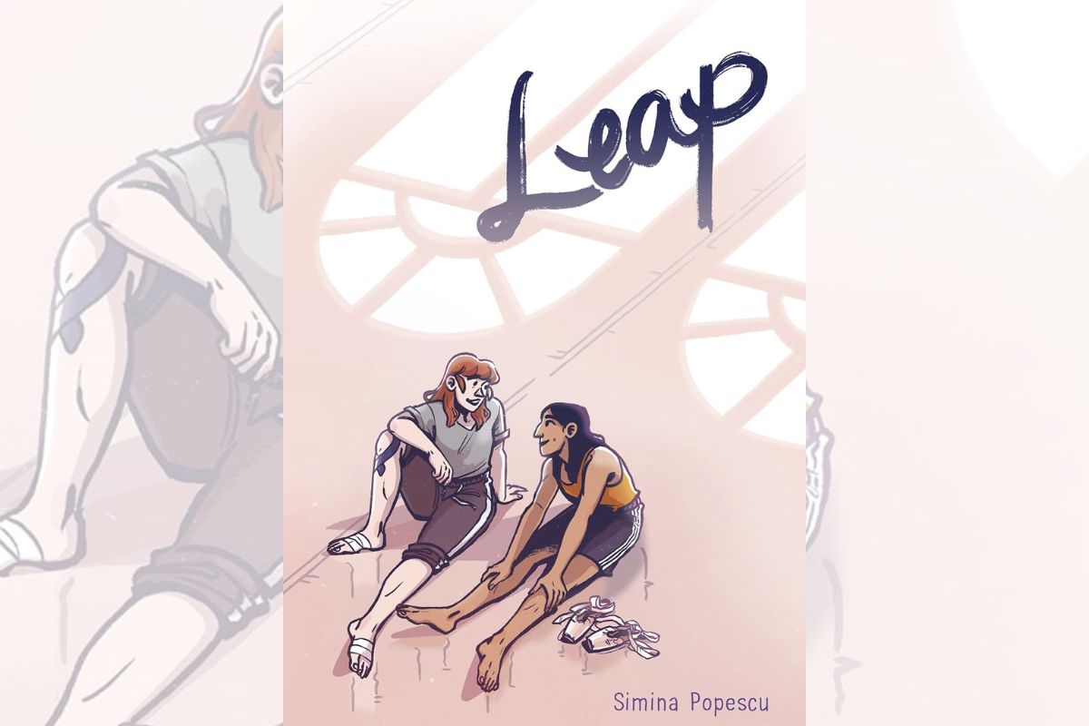 Book cover for "Leap" in pink with the drawing of two individuals talking in the corner while sitting on the floor.