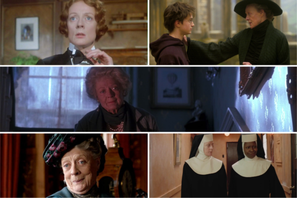 A collage of stills of Maggie Smith roles from Death on the Nile, Harry Potter, Hook, Downton Abbey, and Sister Act.