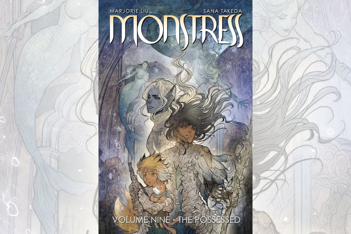 Book cover for "Monstress, Volume 9 The Possessed" with the drawing of different people surrounded by what looks like spirits.