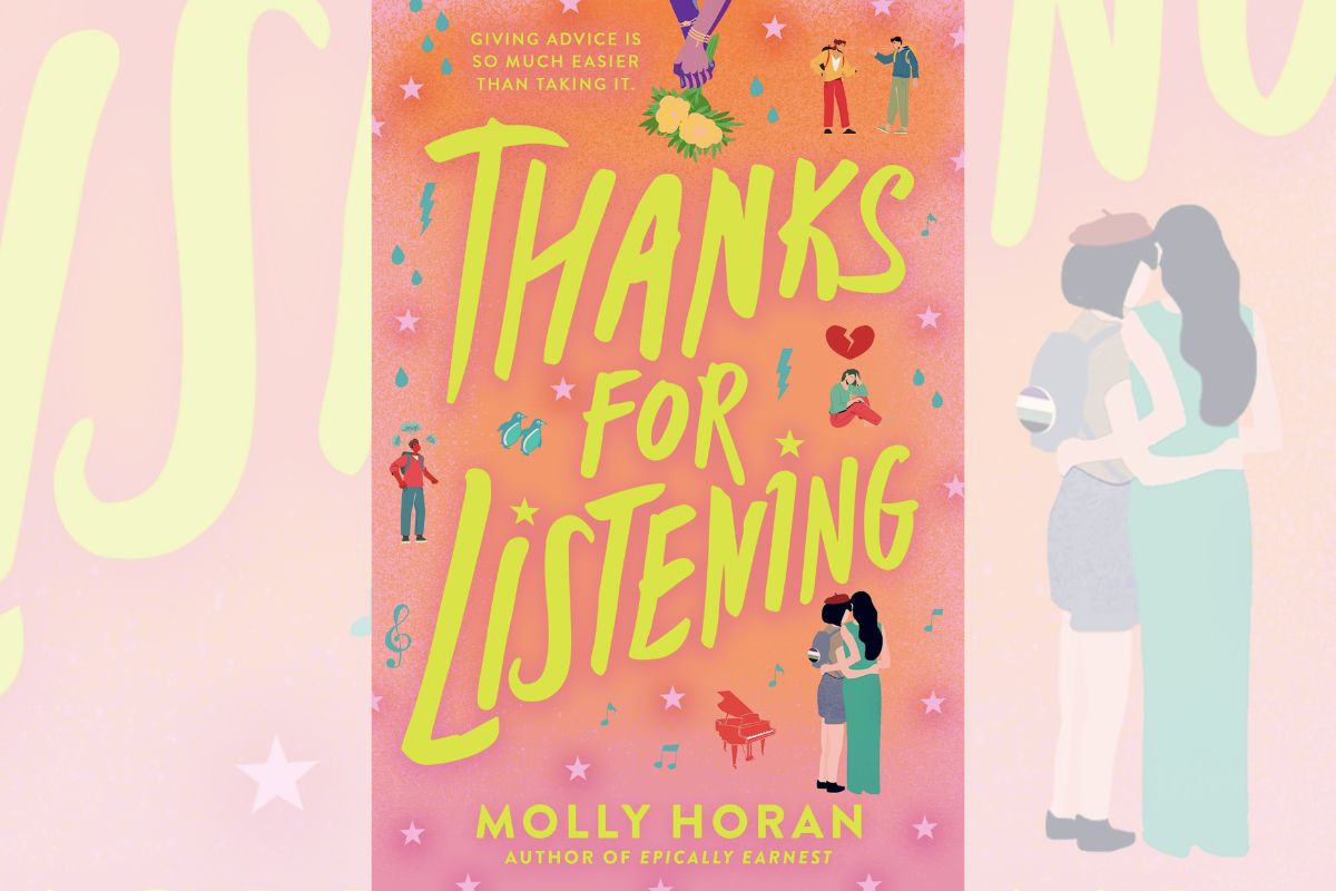 Book cover for "Thanks for Listening" in pink and yellow with people, hearts, and flowers drawn on it.