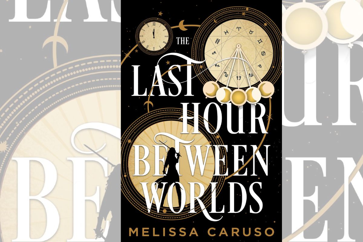 Book cover for "The Las Hour Between Worlds" with drawings of clocks and a human figure.