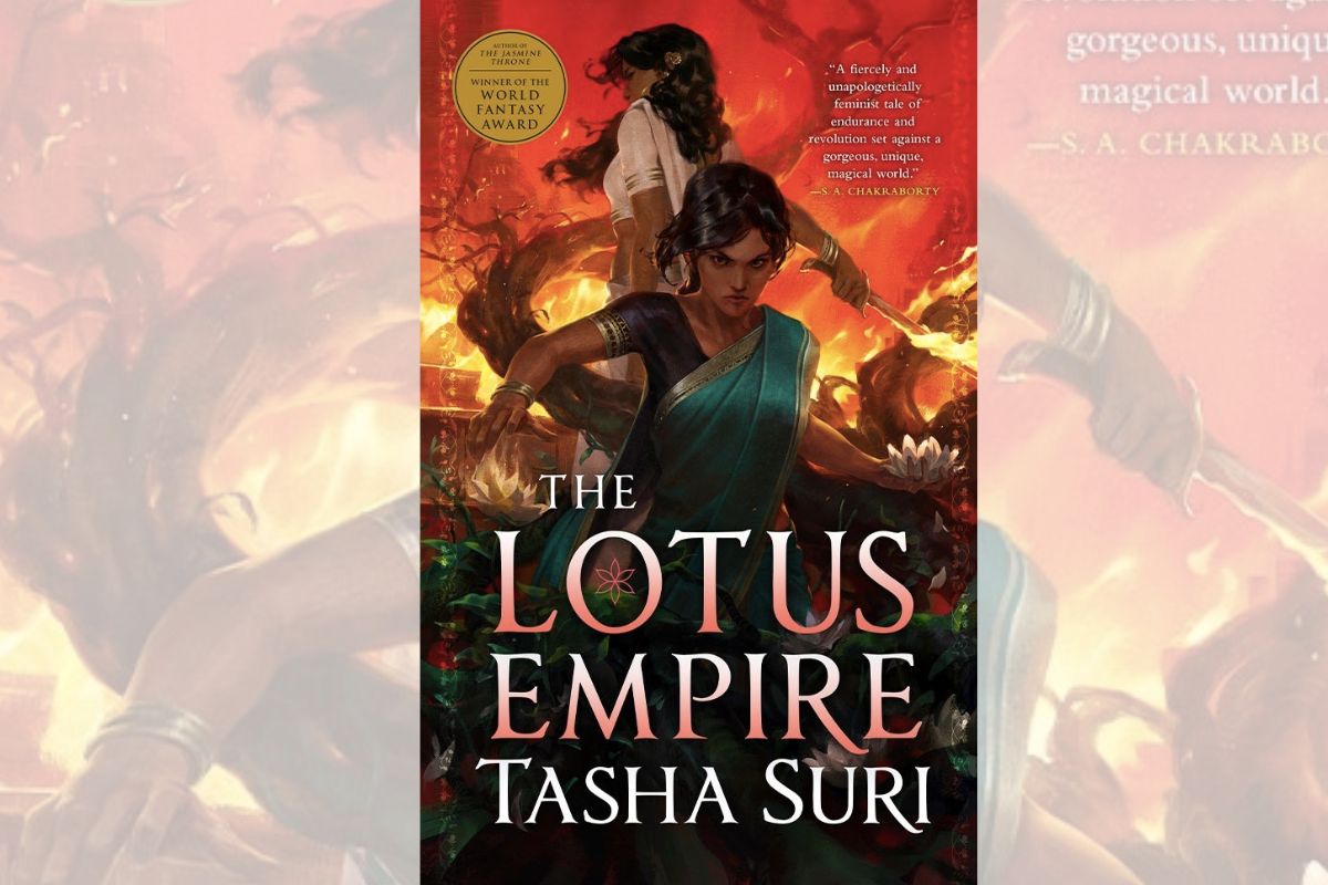 Book cover for "The Lotus Empire" with the drawing of two women surrounded by fire.