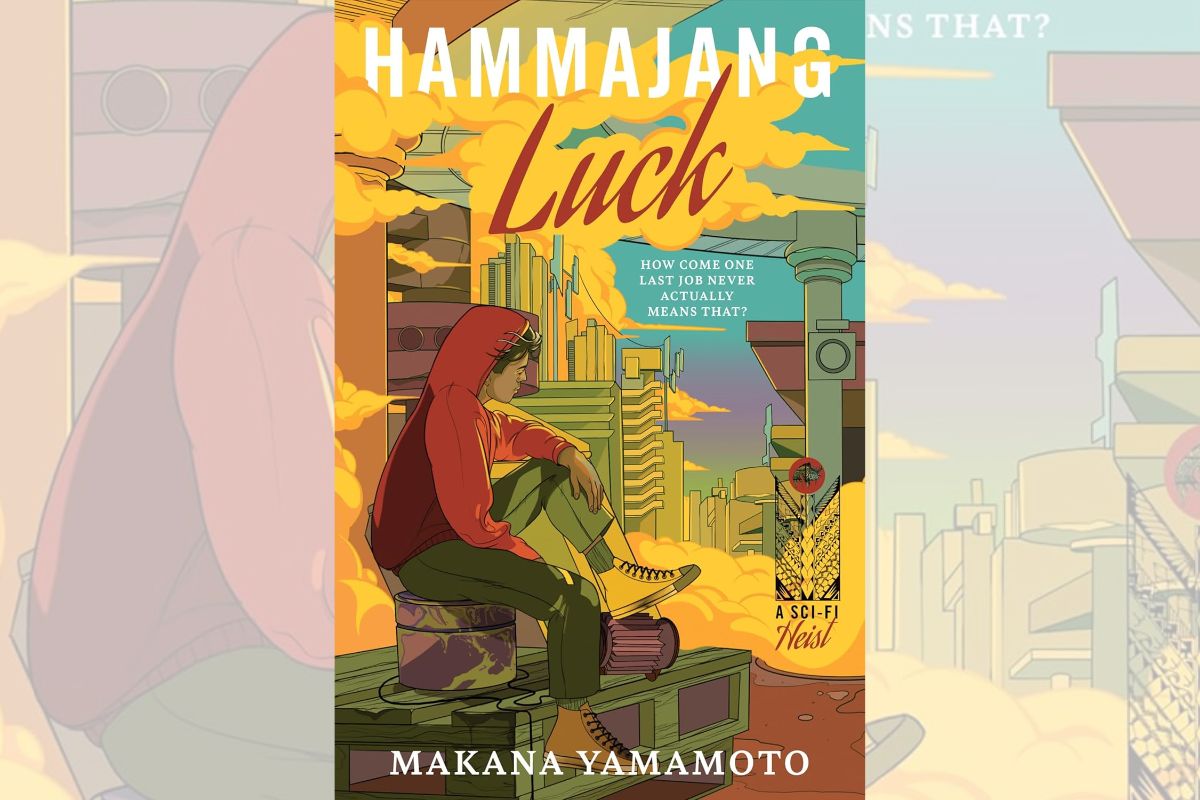 Book cover for "Hammajang Luck" with the drawing of a person wearing a red hoodie and looking down at a city.