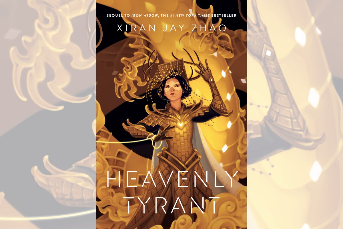 Book cover for "Heavenly Tyrant" in gold with the drawing of a warrior.