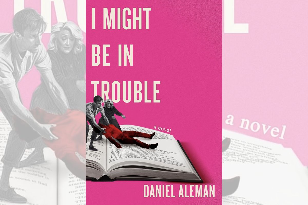 Book cover for "I Might Be in Trouble" with a pink background and the drawing of a man and a woman dragging someone across a book.